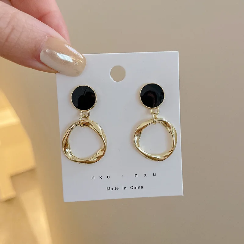 66 black oil drop circle earrings-gold-333